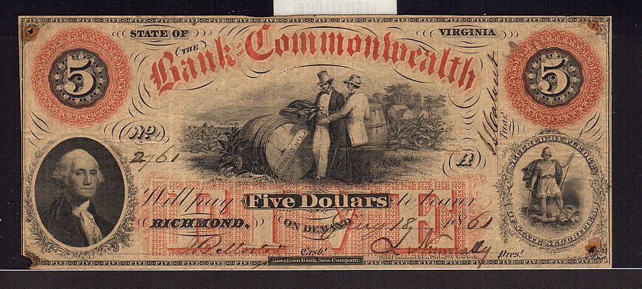 Richmond, VA 1861 $5, Bank of the Commonwealth